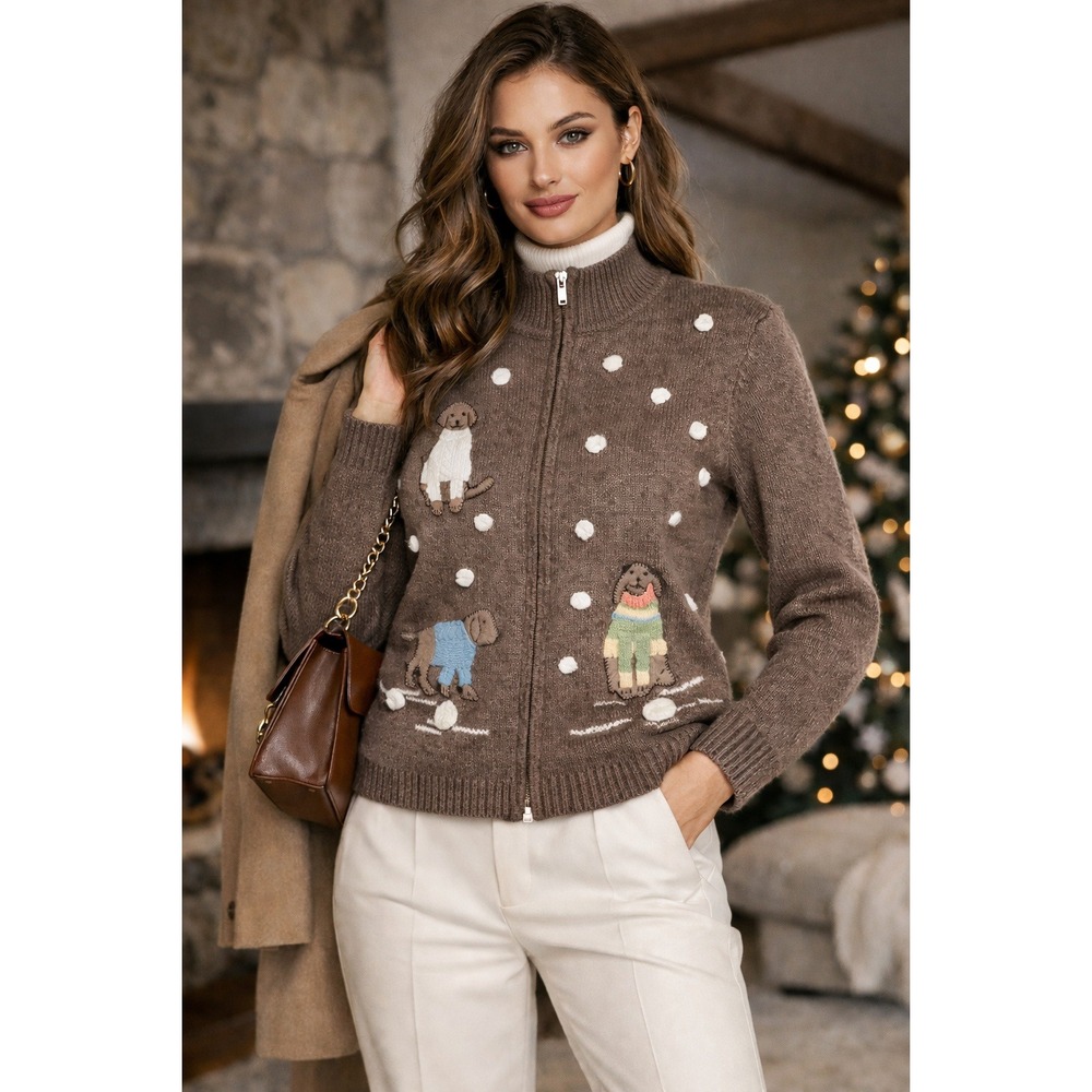 Crazy Horse Dog Sweater Womens L‎ Brown Novelty Ski Lodge Winter Preppy Cozy
